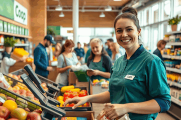 Un'immagine che rappresenta i benefici e la stabilità di lavorare al supermercato Coop, evidenziando un ambiente di lavoro positivo e supportivo.