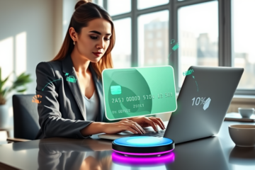 Donna in ufficio moderno usa laptop con carta di credito digitale trasparente che evidenzia cashback e vantaggi