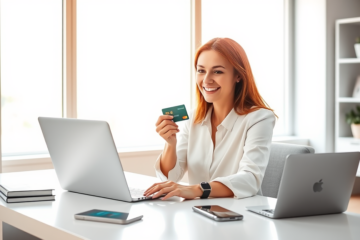Donna professionale utilizza carta di credito cashback online davanti al laptop in ufficio moderno e luminoso