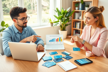 Persone in ambiente domestico moderno confrontano carte di credito per scegliere le opzioni più convenienti con grafici e calcolatrice sul tavolo